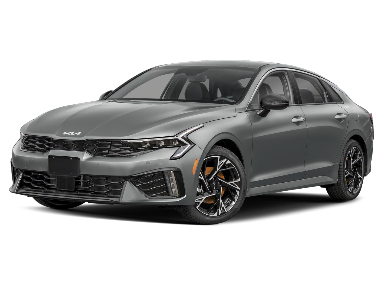 2025 Kia K5 GT-Line in Steel Matte Gray — front three-quarter view